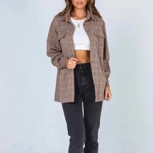 Princess Polly Willa Plaid Chocolate Brown Button Down Shirt Jacket Shacket